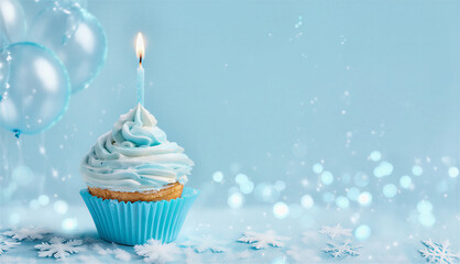 birthday cupcake with candle. Birthday - Cupcake With Candle And Blue Decoration  