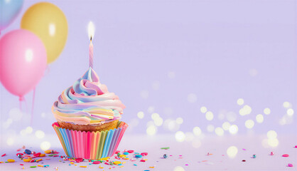 birthday cupcake with candle. Birthday - Cupcake With Candle And Purple Decoration  