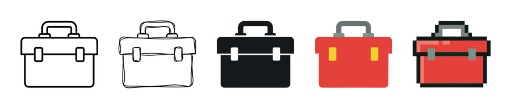Toolbox icon set in five different graphic styles including line art, hand-drawn sketch, silhouette, flat design, and pixel art, representing repair and construction concepts