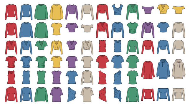 Large collection of colorful women's tops and shirts in various styles, including t-shirts, hoodies, and crop tops, presented as a set of fashion design technical sketches