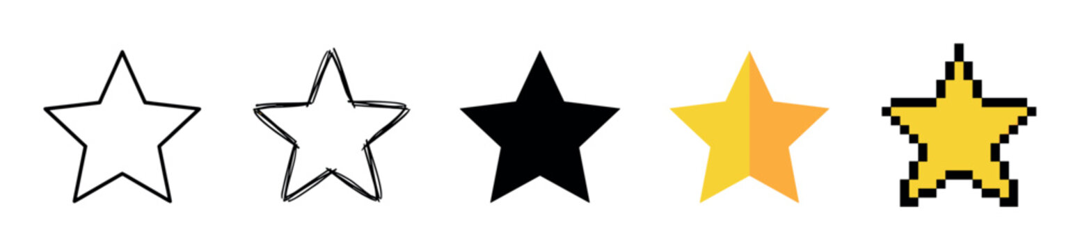 Set of five star rating icons presented in a variety of graphic styles, including a clean outline, a messy sketch, a solid black shape, a yellow flat design, and a retro pixel art version