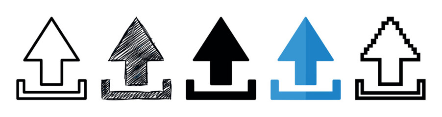 Fototapeta premium Set of five upload arrow icons in different artistic styles including line art, hand drawn scribble, solid silhouette, flat blue, and pixelated design for user interface