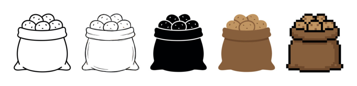Sack of potatoes vector icon collection showing multiple design styles like simple outline, black glyph, flat color illustration, and retro pixel art graphic