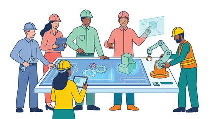 Diverse team of engineers collaborating on futuristic project using holographic technology.