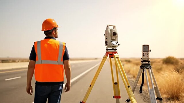 Surveyor Using Total Station on Highway During Daylight for Land Measurement and Analysis