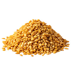 Fototapeta premium A close-up pile of golden sesame seeds on a white isolated background, highlighting their texture and color, perfect for culinary and health-related imagery.