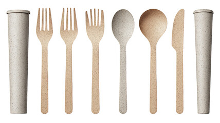 A professional set of wooden kitchen utensils including a spoon, fork, and spatula isolated on a white background for cooking and restaurant kitchenware