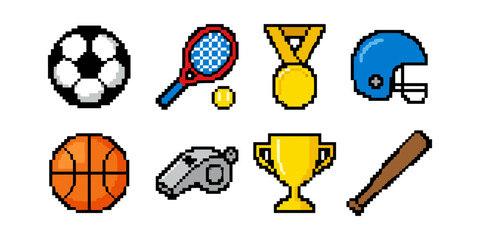 Pixel art sports equipment and winning awards set