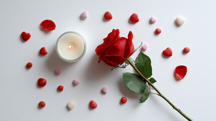 Flat lay composition on a white background with a red rose, a candle, and small heart-shaped candies scattered around, a minimalistic Valentine's Day concept, high-resolution photography