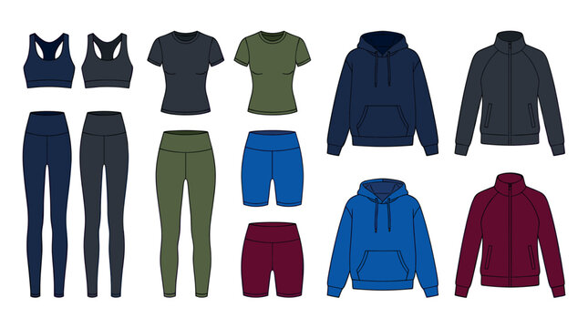 Collection of various athletic apparel items including sports bras, t-shirts, leggings, shorts, hoodies, and jackets, presented as flat vector illustrations in a range of solid colors