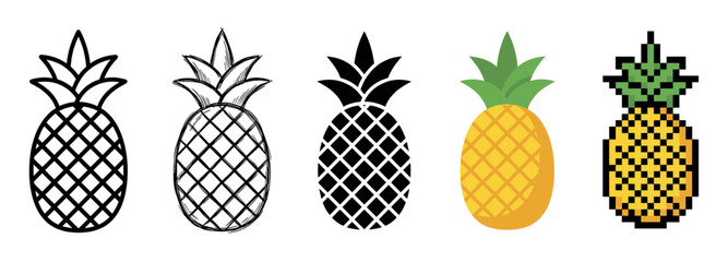 Collection of five pineapple fruit icons showing various design styles like simple outline, hand-drawn sketch, solid black silhouette, flat color, and retro pixel art