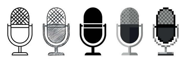 Set of vintage microphone illustrations showing five different graphic styles from simple outline and silhouette to hand-drawn sketch, flat design, and 8-bit pixel art