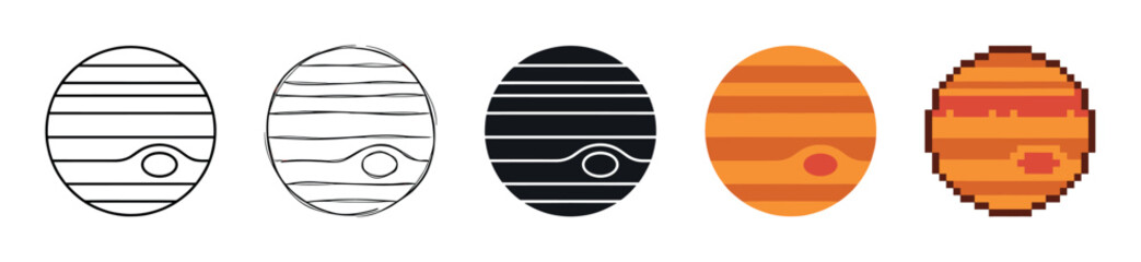 Collection of five different Jupiter planet illustrations showing multiple graphic styles like outline, doodle, glyph, flat vector, and retro 8-bit pixel art