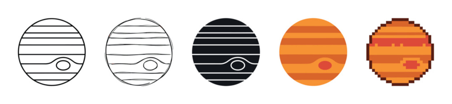 Collection of five different Jupiter planet illustrations showing multiple graphic styles like outline, doodle, glyph, flat vector, and retro 8-bit pixel art