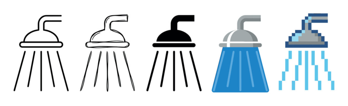 Set of five shower head icons in various graphic styles including line art, sketch, solid glyph, flat color, and pixel art, each depicting water spraying from the nozzle