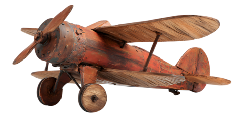Vintage wooden biplane model isolated on white background