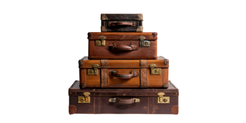 Stack of vintage suitcases isolated on white background