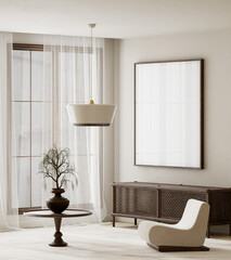 Beige Japandi neutral home interior with poster frame mock-up on rattan wall, wooden furniture, and warm daylight creating elegant branding layout. 3D illustration.