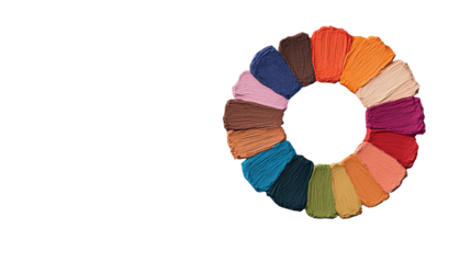 A vibrant circle of yarn strands in various colors, perfect for crafting and creative projects. Isolated on a white background.