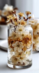 Delicate white and golden blossoms fill a clear glass vase.