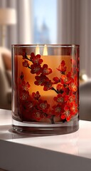 Orange scented candle with floral pattern glows softly on a shelf.