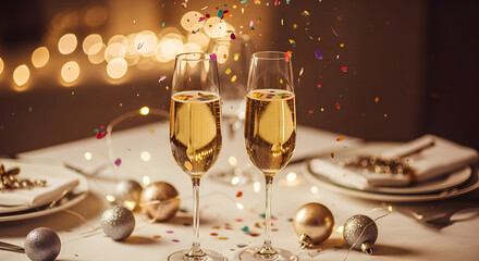 Clinking champagne flutes sparkle with celebratory confetti and warm bokeh lights setting a festive, elegant mood for any special occasion.
