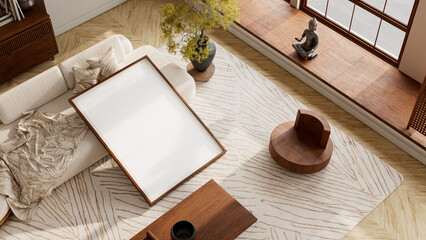 Top view poster mockup with clean neutral palette, warm daylight tones and organized modern arrangement enhancing clarity. 3D illustration.