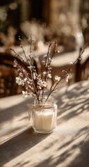 Delicate blooming branches in a jar with candle create soft light.