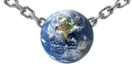 A visual representation of the Earth bound by chains, symbolizing environmental constraints and global challenges on a white isolated background.