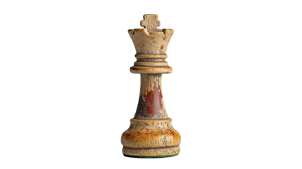 A weathered wooden chess king piece standing on a transparent background, showcasing its intricate design and aged texture.