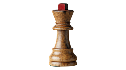 A wooden chess king piece isolated on a white background, symbolizing strategy and competition in the game of chess.