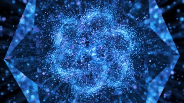 Abstract Blue Cube with Sparkling Particles and Light Rays.