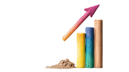 Colorful bars representing growth with an upward arrow, isolated on white background.