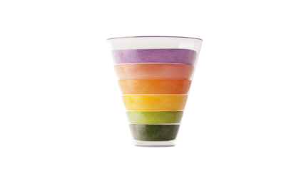 Colorful layered smoothie in a transparent cup, showcasing vibrant hues of fruits and vegetables, perfect for a healthy lifestyle.