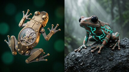 Intricate Steampunk Horology Frog - Mechanical Precision Sculpture with Clockwork Gears and Gold Accents