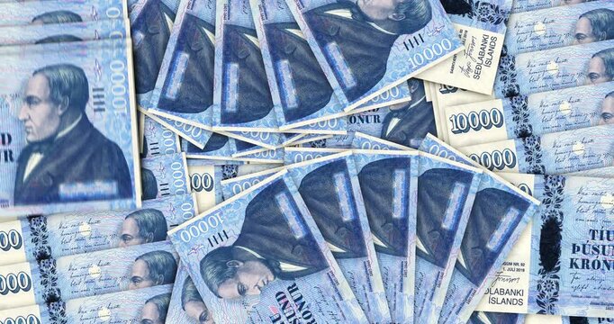 Iceland krona Icelandic money banknotes in a cash fan mosaic pattern loop. 10000 ISK notes. Abstract concept of bank, finance, economy seamless and looped design background.