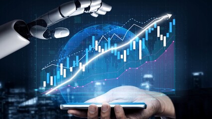 A sleek robotic hand touches a smartphone, showcasing a digital graph with rising financial trends, embodying the fusion of technology and modern finance innovations. Copula