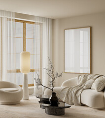 Minimalist Japandi mock-up poster frame scene with warm lighting, soft neutral seating and natural textures creating a calm, refined contemporary interior mood. 3D illustration.