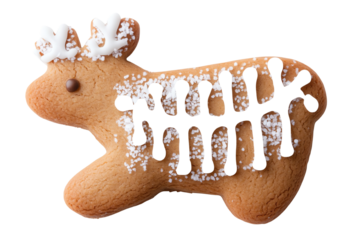 Delicious gingerbread cookie shaped like a reindeer, decorated with frosting and sprinkles, perfect for festive occasions and holiday celebrations.