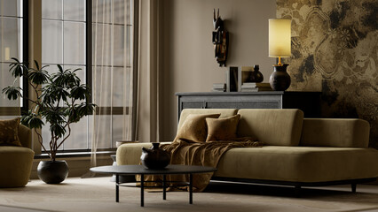 Luxury dark moody living room interior with cinematic lighting, textured walls and modern sofa. 3D illustration