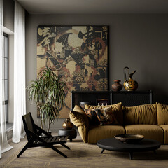 Bold contrast dark moody japandi interior blending earthy palettes, dramatic shadows, organic textures and modern luxury minimal design. 3D illustration