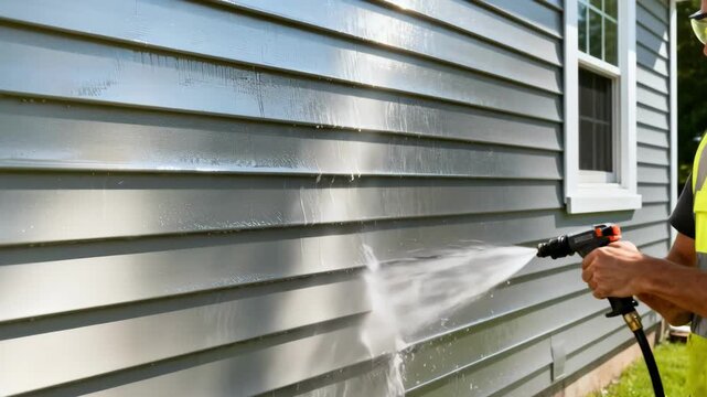 Medium shot of a worker pressure washing aluminum siding removing stubborn dirt and oxidation to restore its original shine on a residential building.