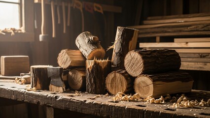 Chop Cut Wood Pieces Created by Hand Tools in a Workshop Setting