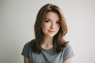 Obraz premium Beautiful woman with shoulder-length dark brown highlighted hair wearing oversized light grey t-shirt neutral expression slight smile looking at camera white background waist-up shot