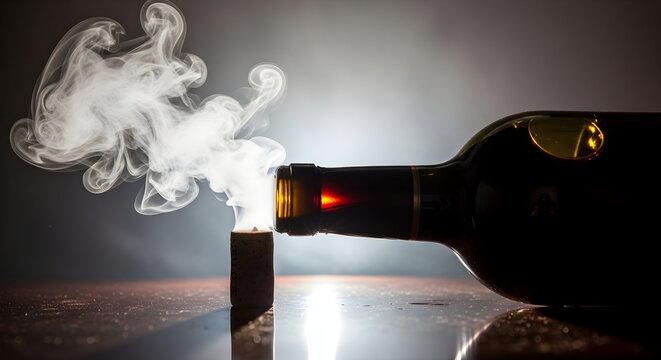 Captivating wine bottle with smoke swirling from its opening, creating an atmosphere of mystery and indulgence for sophisticated celebrations. - Powered by Adobe