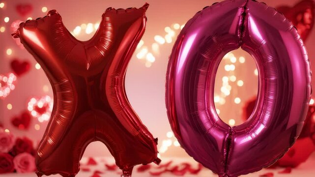 Valentines Day Balloons Spell Hugs and Kisses With Rose Bokeh