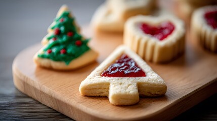 Close-up focus-stacked stock shot: tree- and heart-shaped Christmas cookies oozing ruby jam arranged on rustic wooden board, soft low-contrast shadows, clean sharp focus