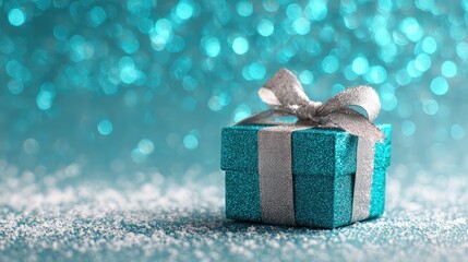 Sparkling teal gift box with silver ribbon on glittering background