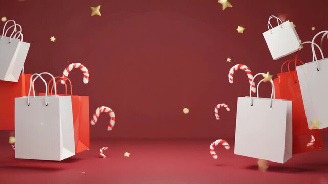 A red shopping bag and gift box with hearts designed as a simple festive illustration for shopping sales and holidays