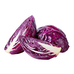 Fototapeta premium Fresh purple cabbage wedges on a white isolated background, showcasing vibrant colors and crisp texture, perfect for culinary presentations.